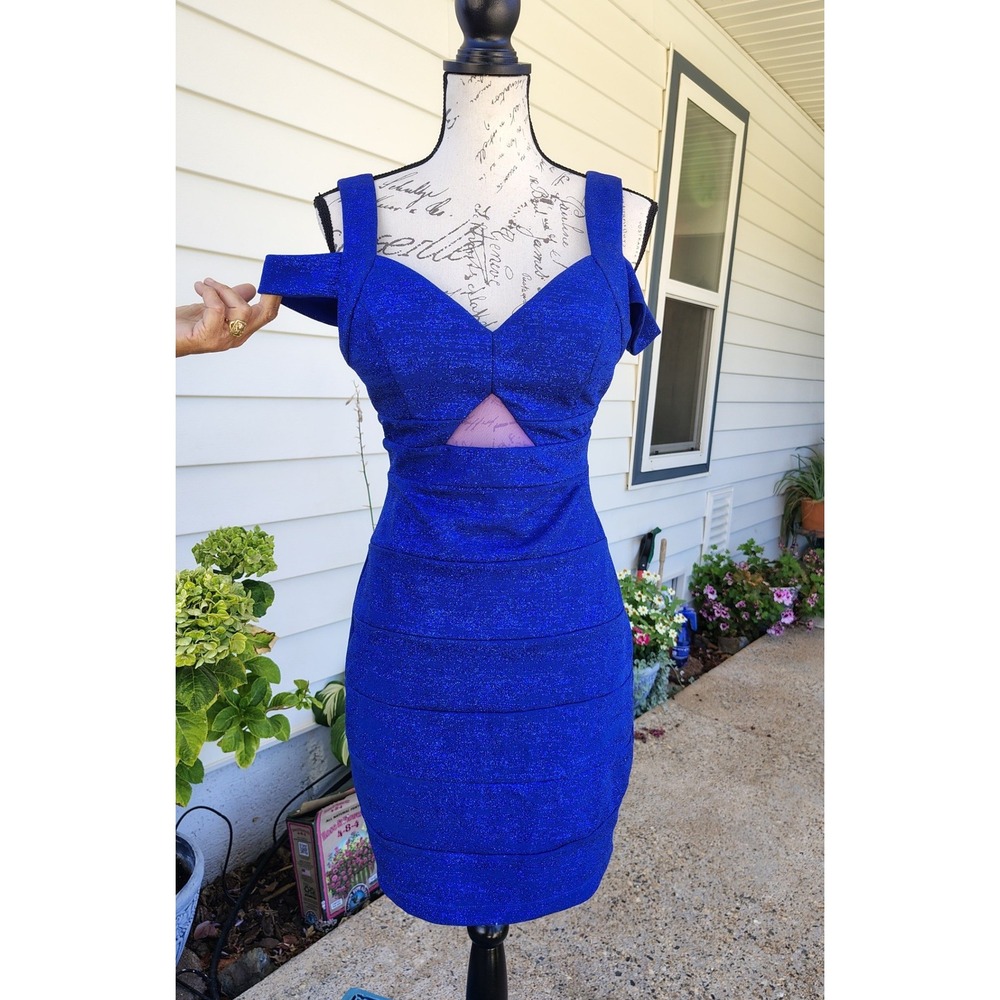Windsor Royal Blue Glitter Cold Shoulder Mesh Cutout Bodycon Dress Large Mermaid
